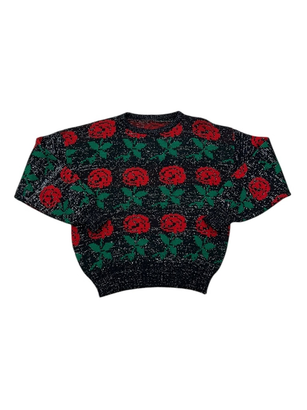 Vintage Women’s Rose Pattern Wool Sweater Black Floral Y2K